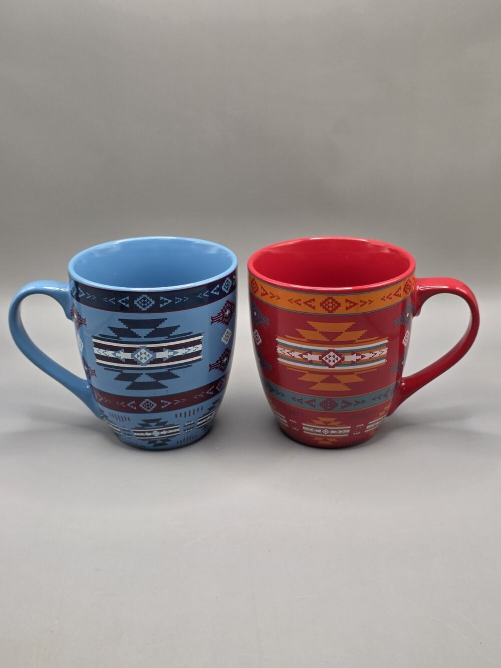 Lot of 2 NU TRENDZ Southwest Tribal Aztec Ceramic Coffee Mugs Blue Red 16oz